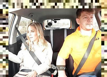 Blonde Lucky Bee wearing stockings gets fucked in the car