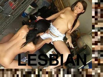 Voluptuous lesbian teen with long dark hair getting her shaved pussy licked