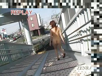 Subtitled busty Japanese public nudist goes for a walk