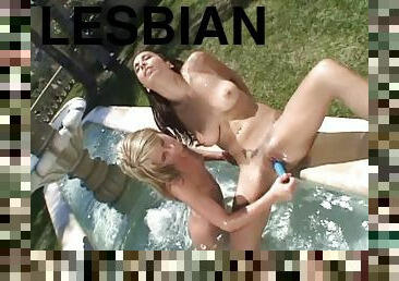 Sexy Courtney Simpson and Tiffany Taylor toy fucking cunny by the pool