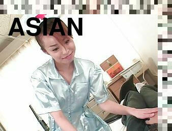 This Asian nurse sucks her patient until he nuts in her mouth