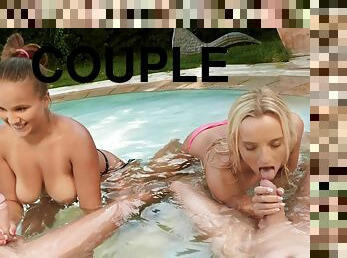 Olivia Nice and Victoria Pure fuck a couple of men in a pool