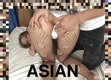Sultry Asian babe with nice ass in pantyhose getting her asshole fingered before getting banged