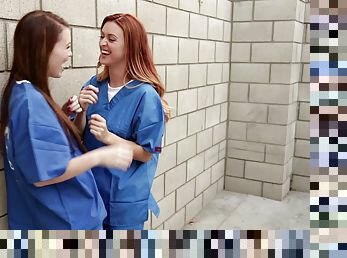 Girls locked in prison love having lesbian sex in their cells