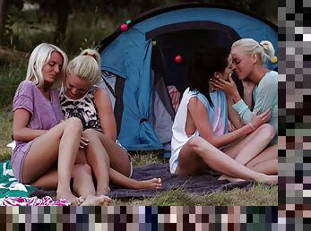 Gorgeous teenage chicks going totally wild on the camping site