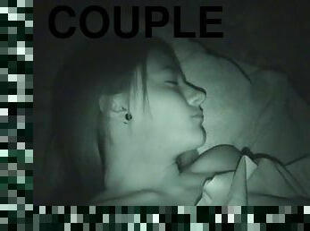 Jerking off onto her little tits in a POV night vision video