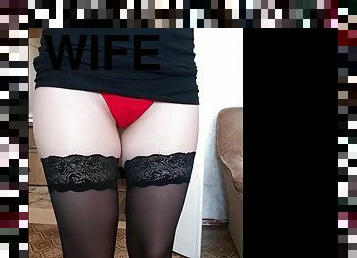 Booty housewife shows her red panties under tight dress