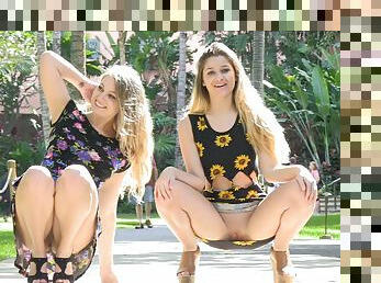 Public pussy flashing girls in pretty floral dresses