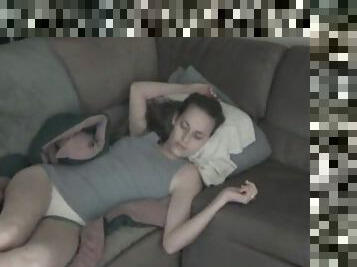 Skinny brunette getting her pussy fingered while she's sleeping