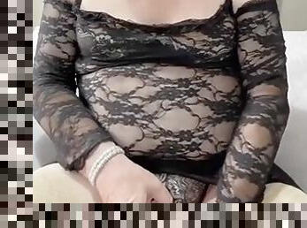 TVROSE CROSSDRESSER IN LACE DRESS TEASING WITH PINK CAGE AND STOCKINGS