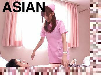 Cute pink nurse costume on a cock riding Asian girl