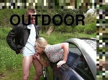 Shared blonde hottie fucking outdoors with two guys