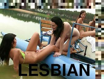 Lesbian group sex on a boat with cute bikini girls