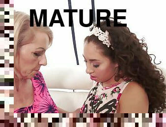 Old lady gets lusty with this cute teen chick with curly hair