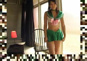 Green satin panties and skirt on a horny Japanese fuck slut