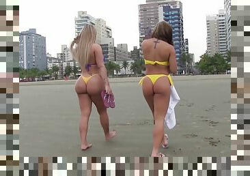 Sexy South American bikini babes leave the beach and fuck