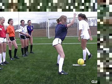 Girls on a soccer team strip down and play the game naked