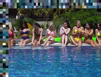 Lesbian girls have a massive orgy by the pool