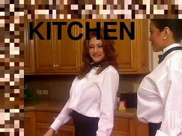 Two petite waitresses are going to share a cock in the kitchen