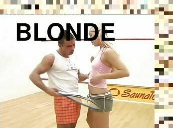 Banging a pigtailed blonde's cunt in the squash court