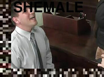Shemale spanking and fucking a guy's ass against a desk