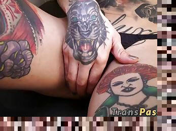 Tattooed tranny gaby ink tugging her big swollen cock