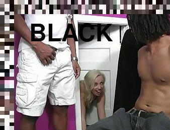 A slutty blonde girl gets rammed by three Black guys