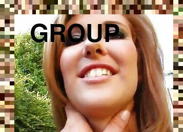 Jessica milks a few hard pricks dry on her face in group blowjob vid