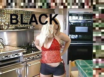 Sexy blond is getting two huge black cocks in the kitchen