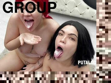 tiro-ao-alvo, latina, sexo-em-grupo, louca, caebça-vermelha, puta-slut, ejaculação, bukkake