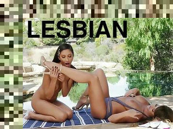 Emily Addison and Gianna Dior playing lesbian games outdoors