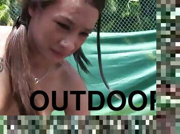Hazing sorority dildoing cute teens outdoors