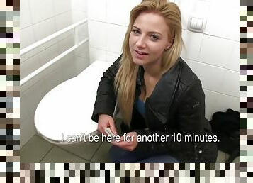 Blonde hussy Cherie blows and gets fucked in a bathroom in POV clip