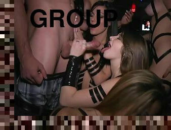 Sexy chicks licks their pussies and ride big dicks at a party