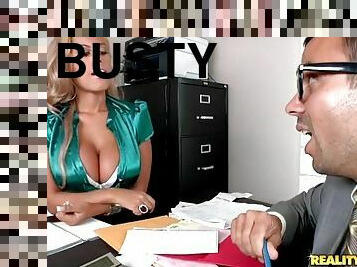 Busty blonde in lace lingerie gets fucked hard in an office
