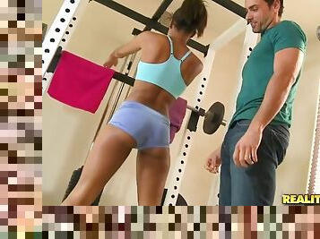 Sporty ebony cutie Staci Ellis gets fucked in many positions in a gym