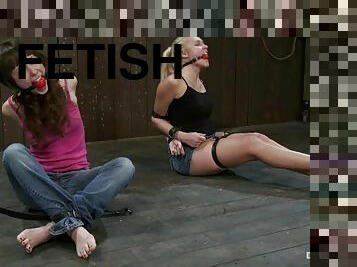 Two chicks get tied up and then humiliated in a barn