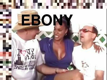 Stunning ebony is serving two white men at a time