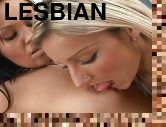 Pretty lesbians pose in lingerie and fuck in a bedroom