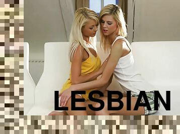 Two slender blonde lesbians lick and finger pussies