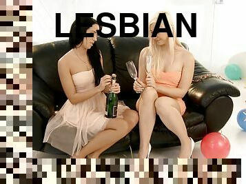 Two nice girls have hot lesbian sex after drinking champagne