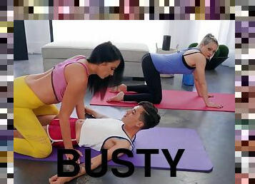Excited busty hottie gets her satisfaction on yoga mat