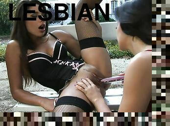 Two amazing babes in stockings have lesbian sex outdoors