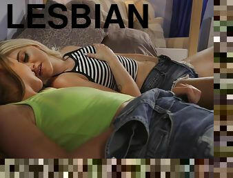 Lesbians cuddle in bed till they are ready to lick cunts