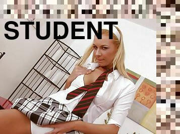 Blonde student Angelina Love sucks a cock while jumping on another one