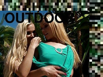 Blonde Beauties Licking Pussy Outdoors in Hot Lesbian Video