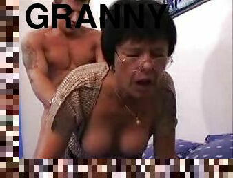 Sex addicted granny gets her hairy pussy drilled