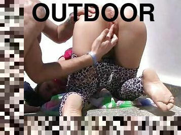 Outdoor pussy fingering for slutty brunette amateur