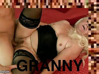Blonde granny Mylen gets her hairy pussy licked and pounded doggy style