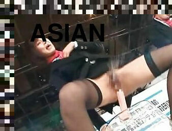Stockinged asian models sucking dildos in a sex contest
